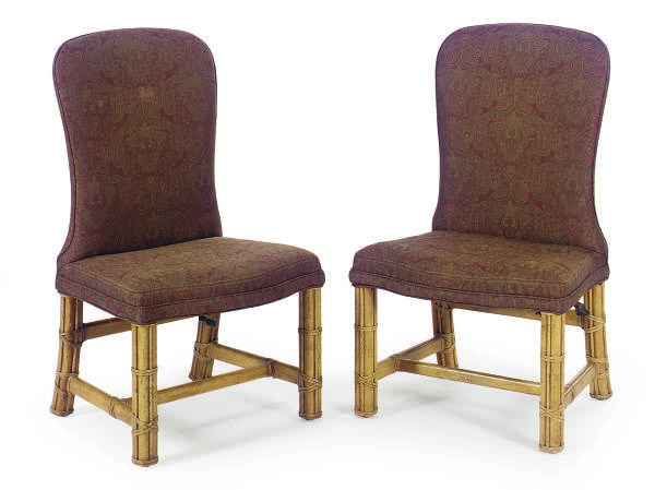 A PAIR OF FRUITWOOD AND LEATHER-WRAPPED UPHOLSTERED SIDE CHAIRS,