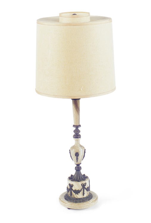A PATINATED BRONZE-MOUNTED MARBLE TABLE LAMP,