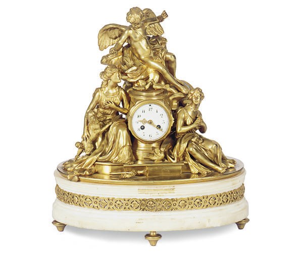 A FRENCH ORMOLU AND MARBLE FIGURAL MANTLECLOCK,