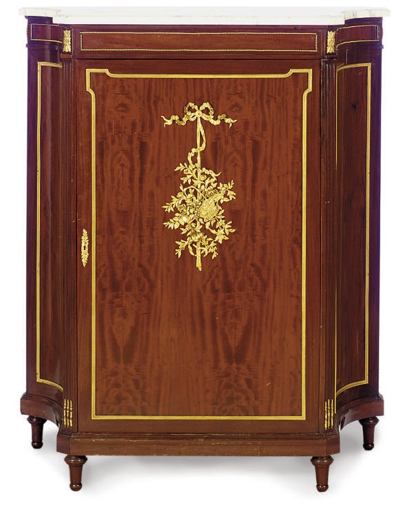AN ORMOLU-MOUNTED MAHOGANY AND MARBLE TOP SIDE CABINET,