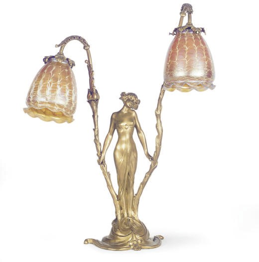 A FRENCH GILT-BRONZE AND GLASS FIGURAL TABLE LAMP,