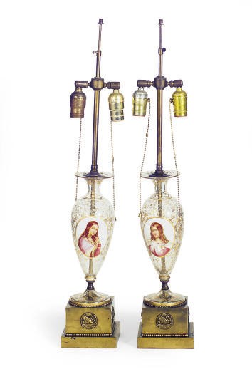 A PAIR OF CONTINENTAL GILT AND PAINT-DECORATED GLASS BALUSTER VASES,