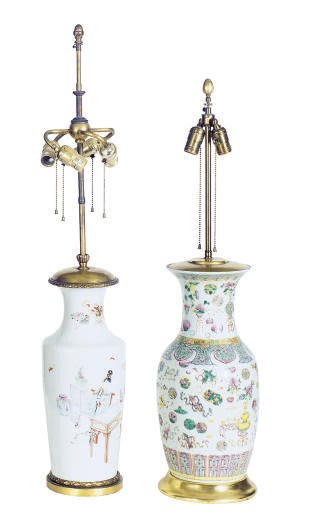 TWO CHINESE FAMILLE ROSE VASES MOUNTED AS LAMPS,