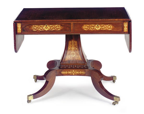 A ROSEWOOD AND FLORAL MARQUETRY SOFA TABLE**,
