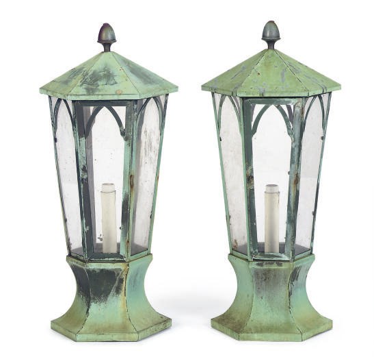 A PAIR OF VERDIGRIS METAL LANTERNS,