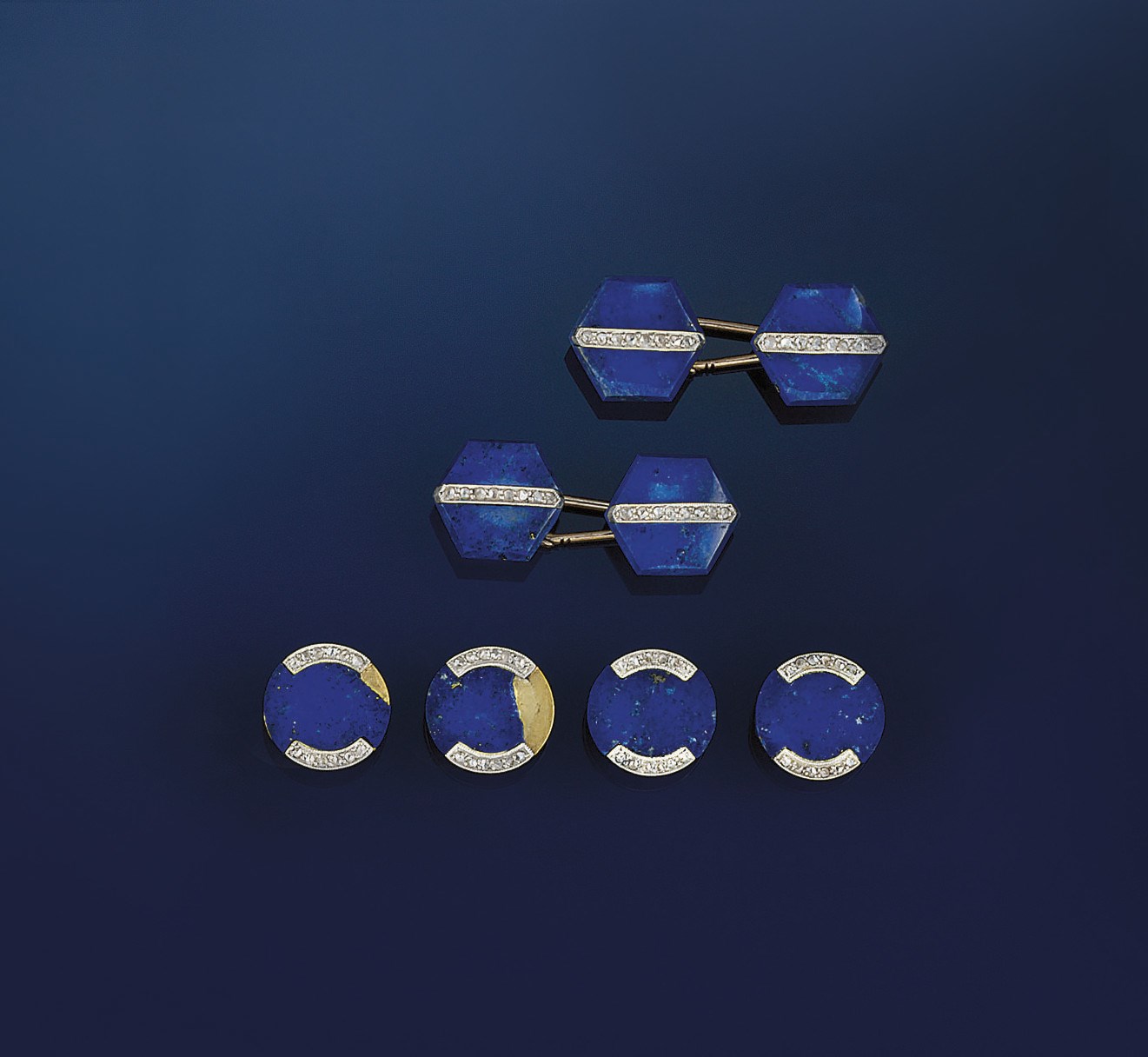 An early 20th century lapis lazuli and diamond composite dress-set