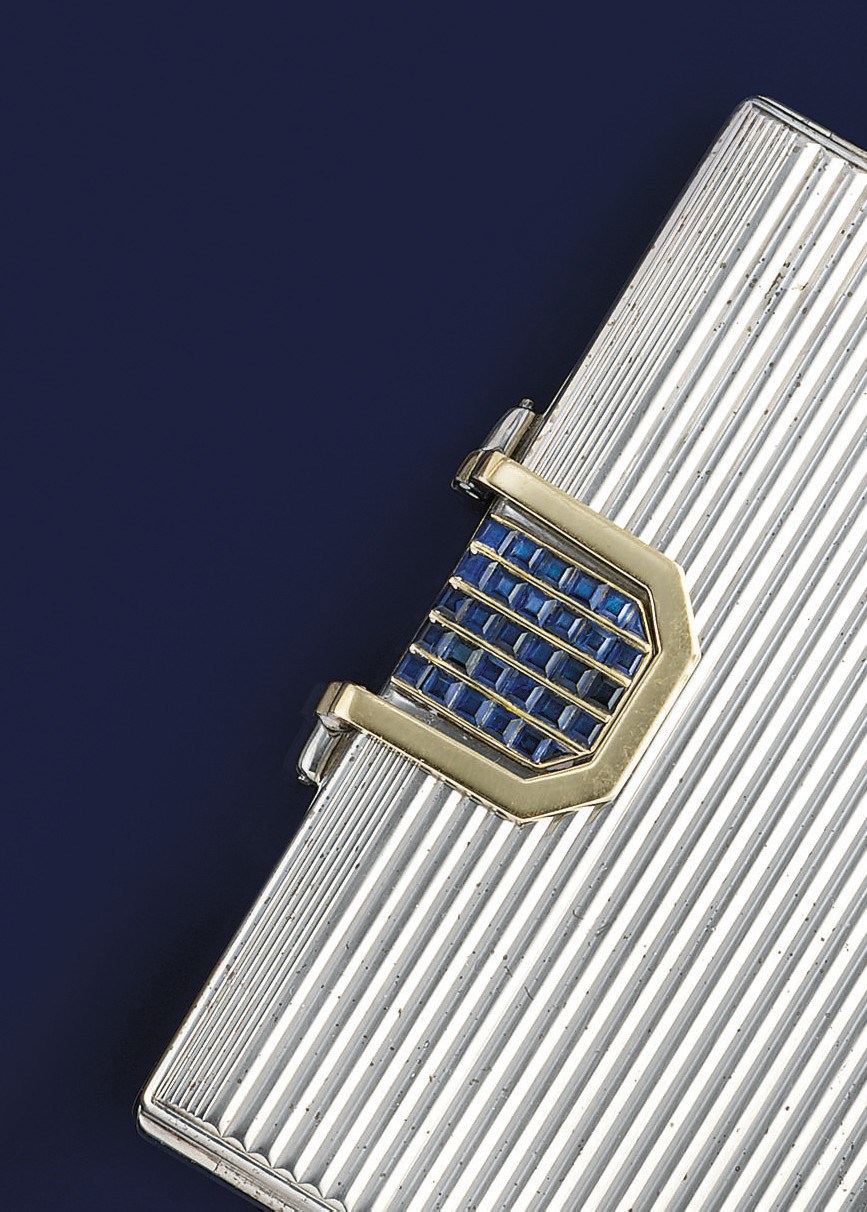 A French, silver and sapphire set handbag mirror