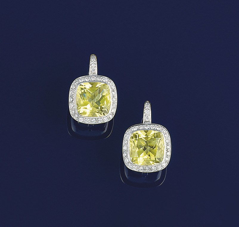 A pair of citrine and diamond earpendants, by Boodle & Dunthorne