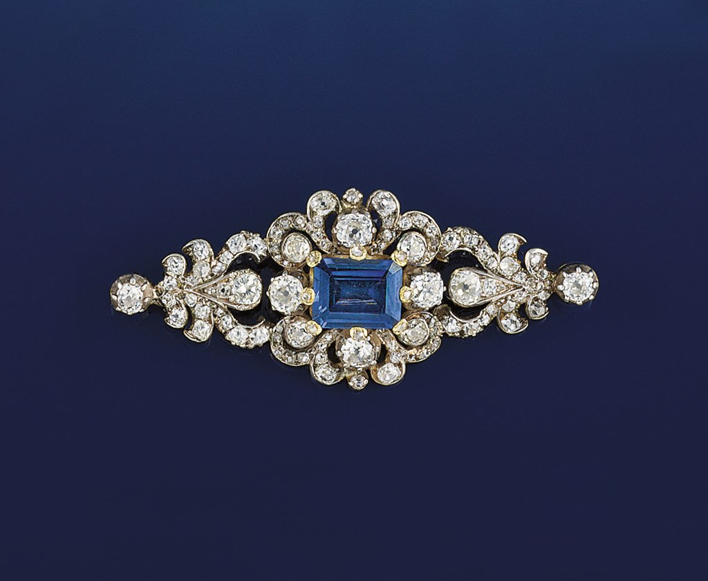 A diamond and synthetic sapphire brooch