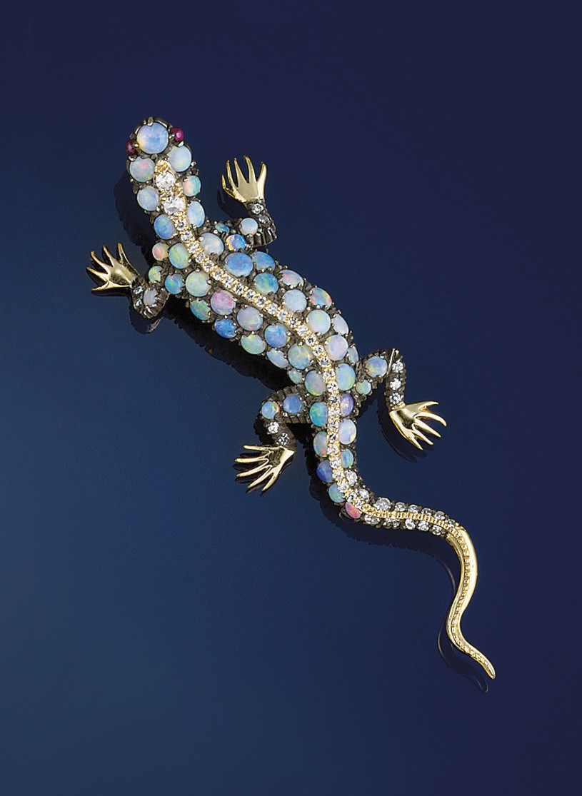 An opal, diamond, gem and enamel novelty brooch