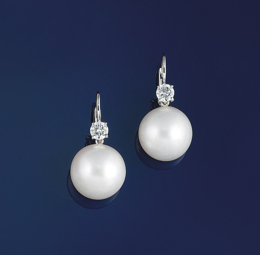 A pair of cultured pearl and diamond earpendants