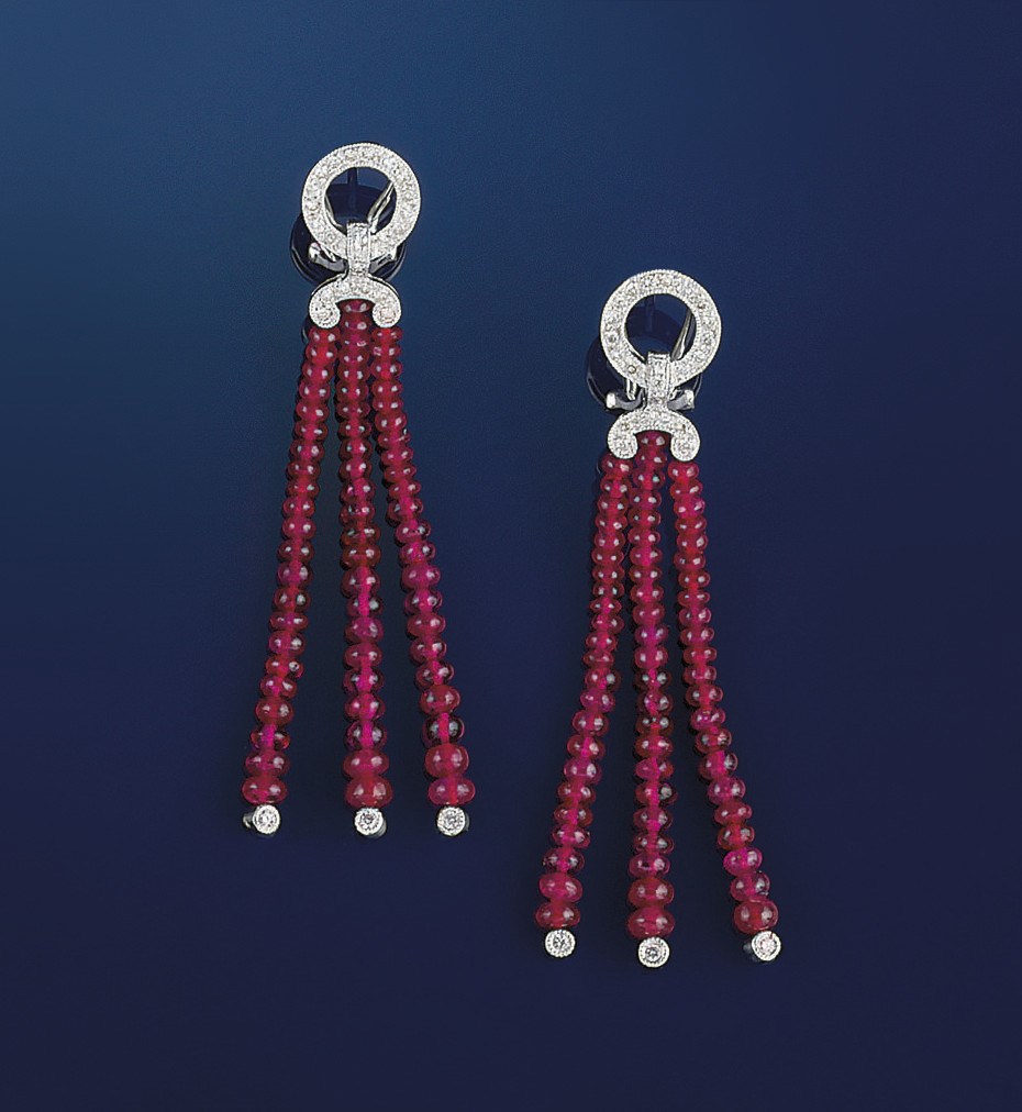 A pair of ruby and diamond earpendants