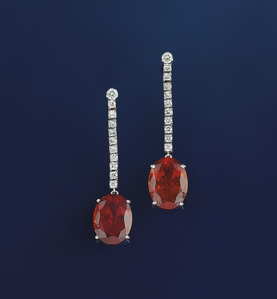 A pair of spessartine garnet and diamond earpendants