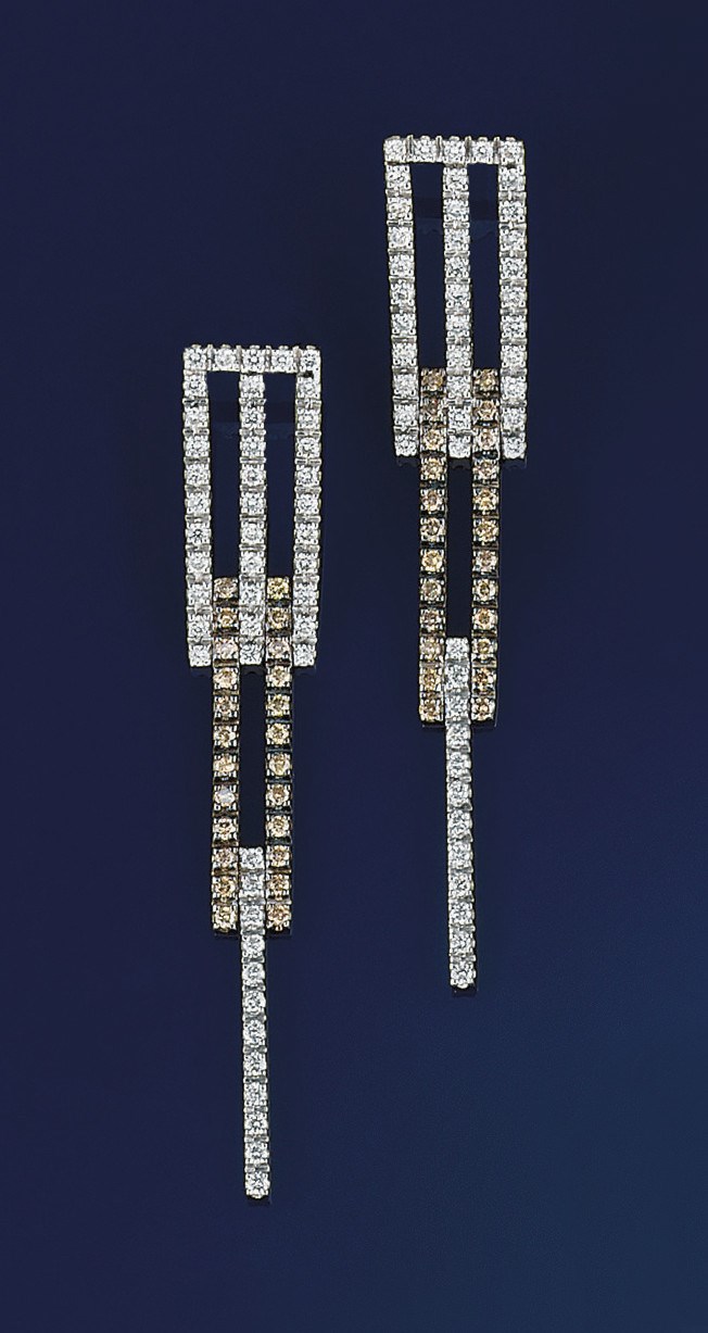 A pair of diamond and coloured diamond earpendants