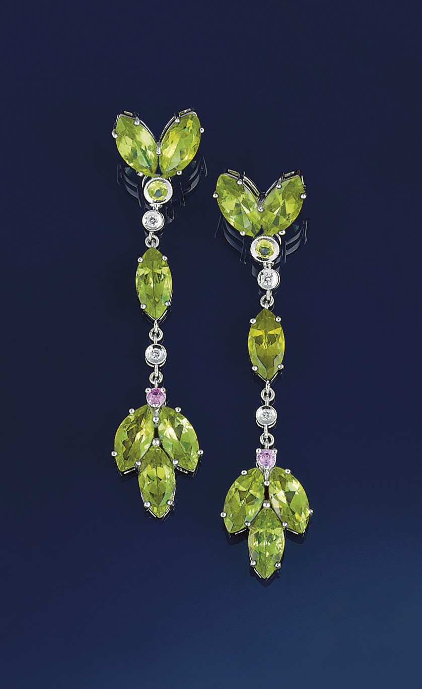 A pair of peridot, pink sapphire and diamond ear pendants