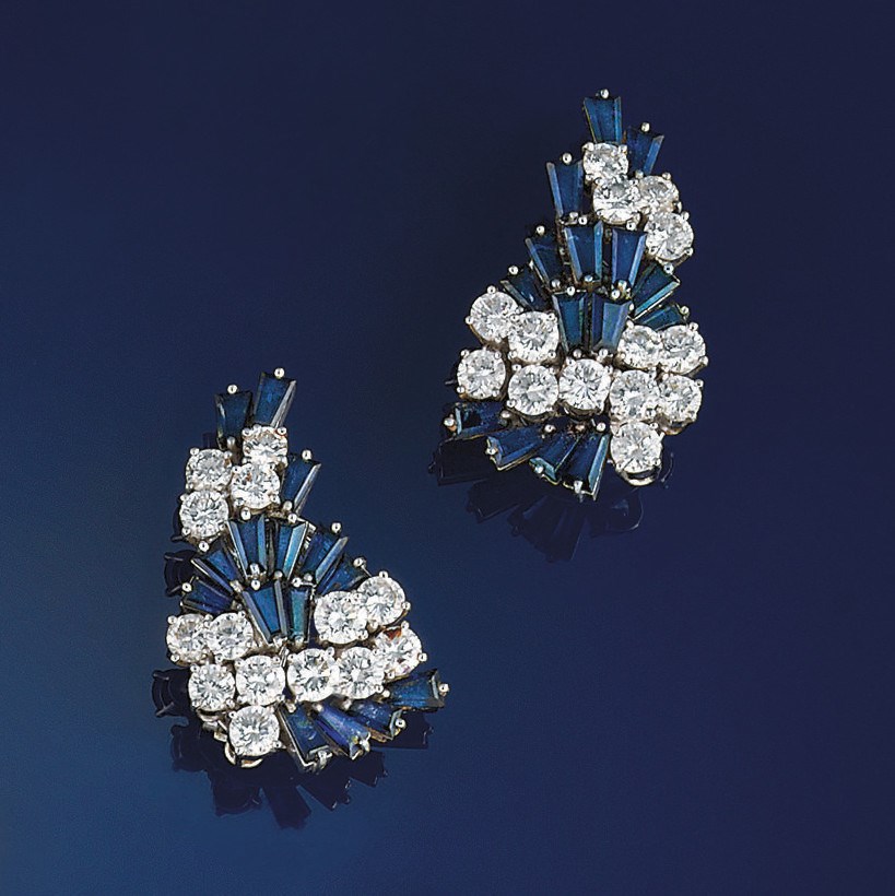 A pair of sapphire and diamond earclips, by Kutchinsky