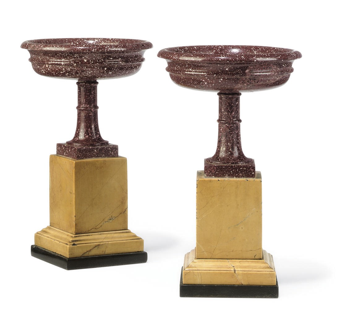 A PAIR OF ITALIAN PORPHYRY TAZZE ON GIALLO ANTICO STANDS