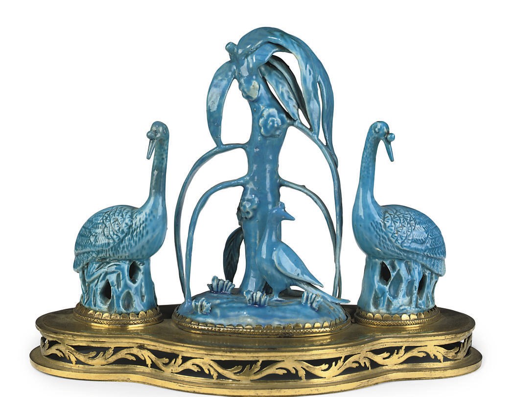 A PAIR OF FRENCH ORMOLU-MOUNTED CHINESE TURQUOISE AND POLYCHROME-DECORATED FRENCH PORCELAIN JARDINIERES