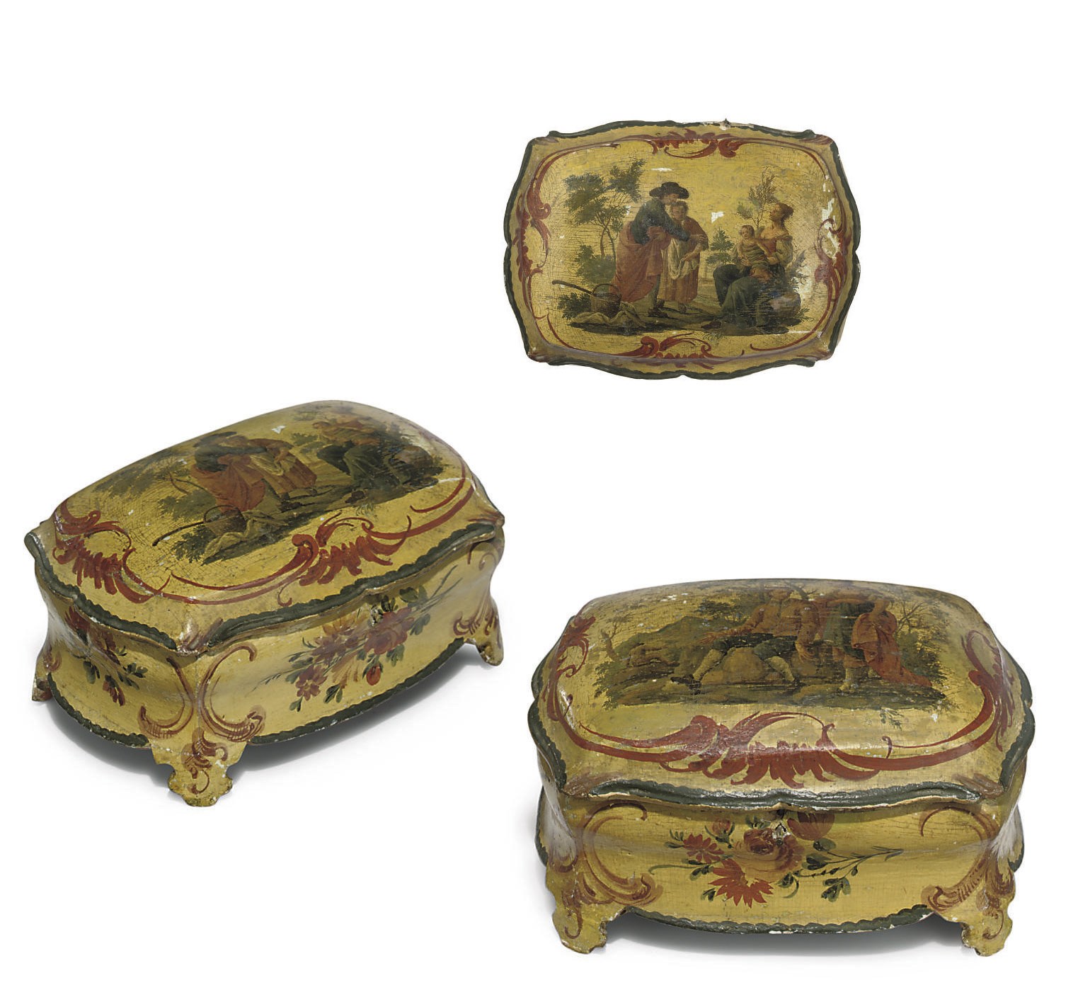 A PAIR OF NORTH ITALIAN YELLOW AND POLYCHROME-DECORATED 'LACCA' BOXES