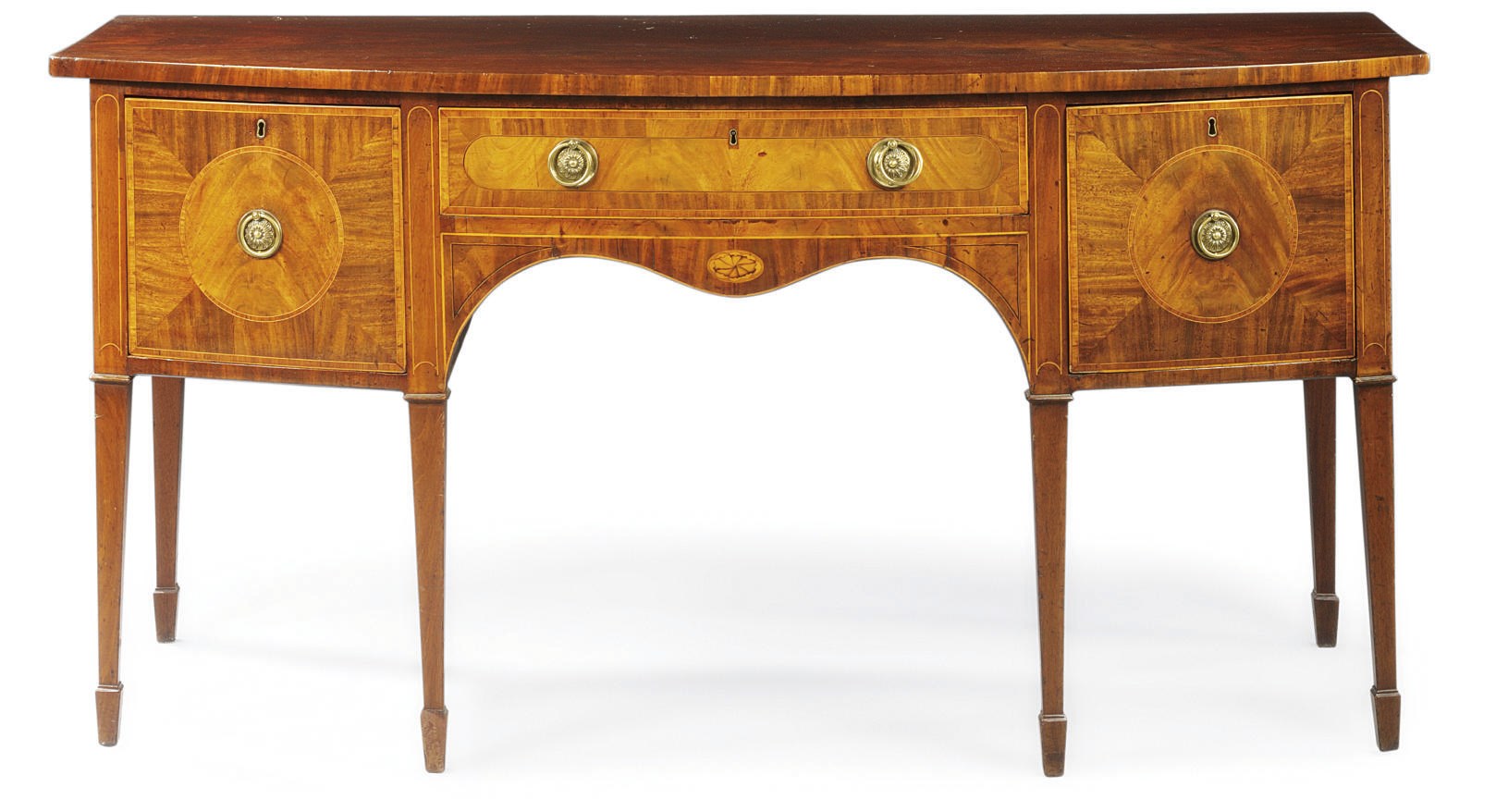 A GEORGE III MAHOGANY AND MARQUETRY BOWFRONT SIDEBOARD