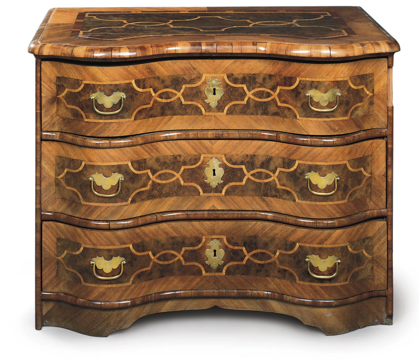 A SOUTH-GERMAN BRASS-MOUNTED BURR-WALNUT, WALNUT AND FRUITWOOD COMMODE
