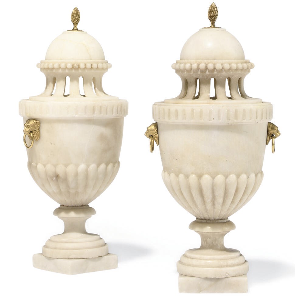 A PAIR OF ITALIAN ORMOLU-MOUNTED ALABASTER URNS