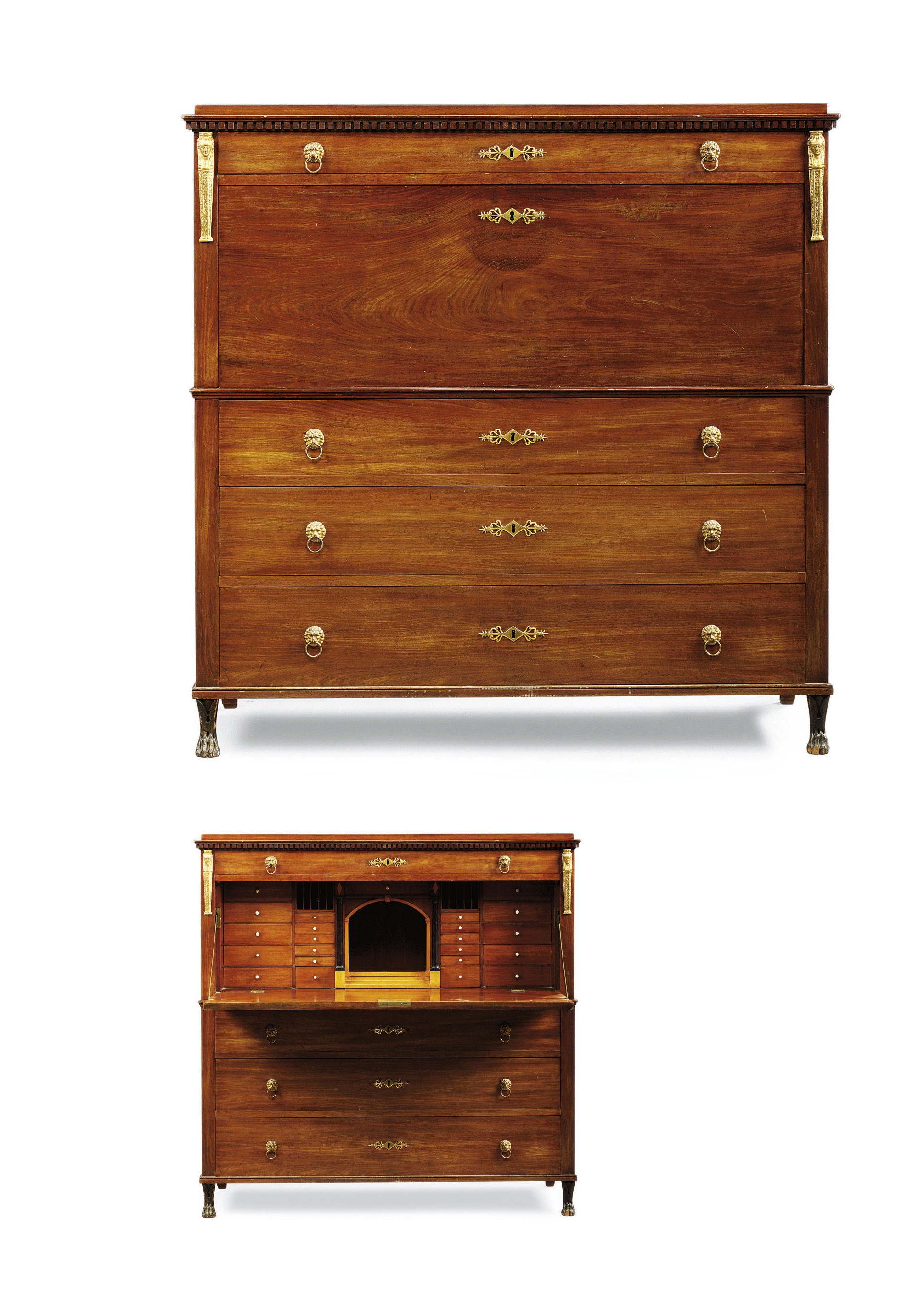 A NORTH EUROPEAN ORMOLU-MOUNTED MAHOGANY SECRETAIRE A ABATTANT
