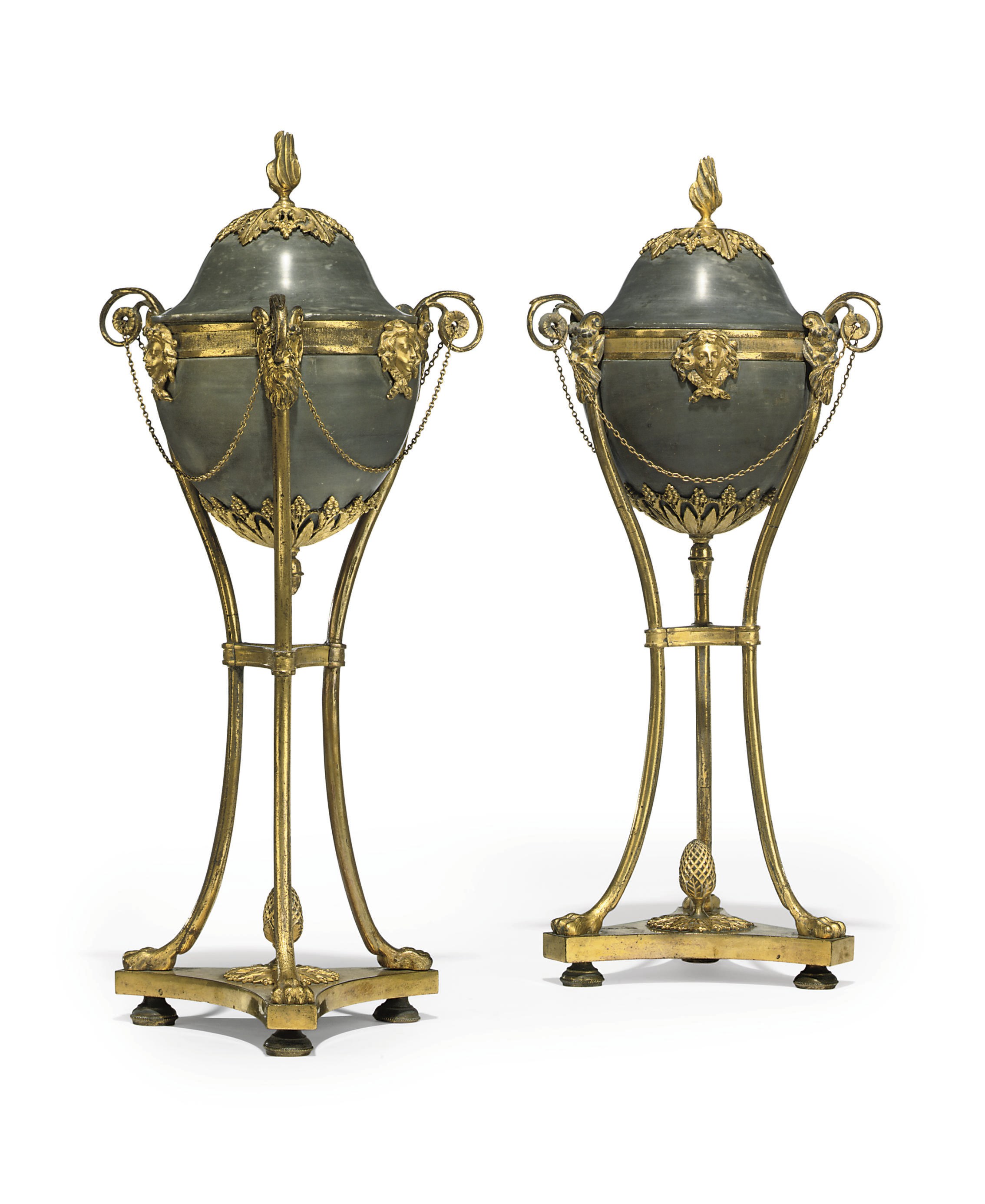A PAIR OF FRENCH ORMOLU AND BARDIGLIO MARBLE CASSOLETTES