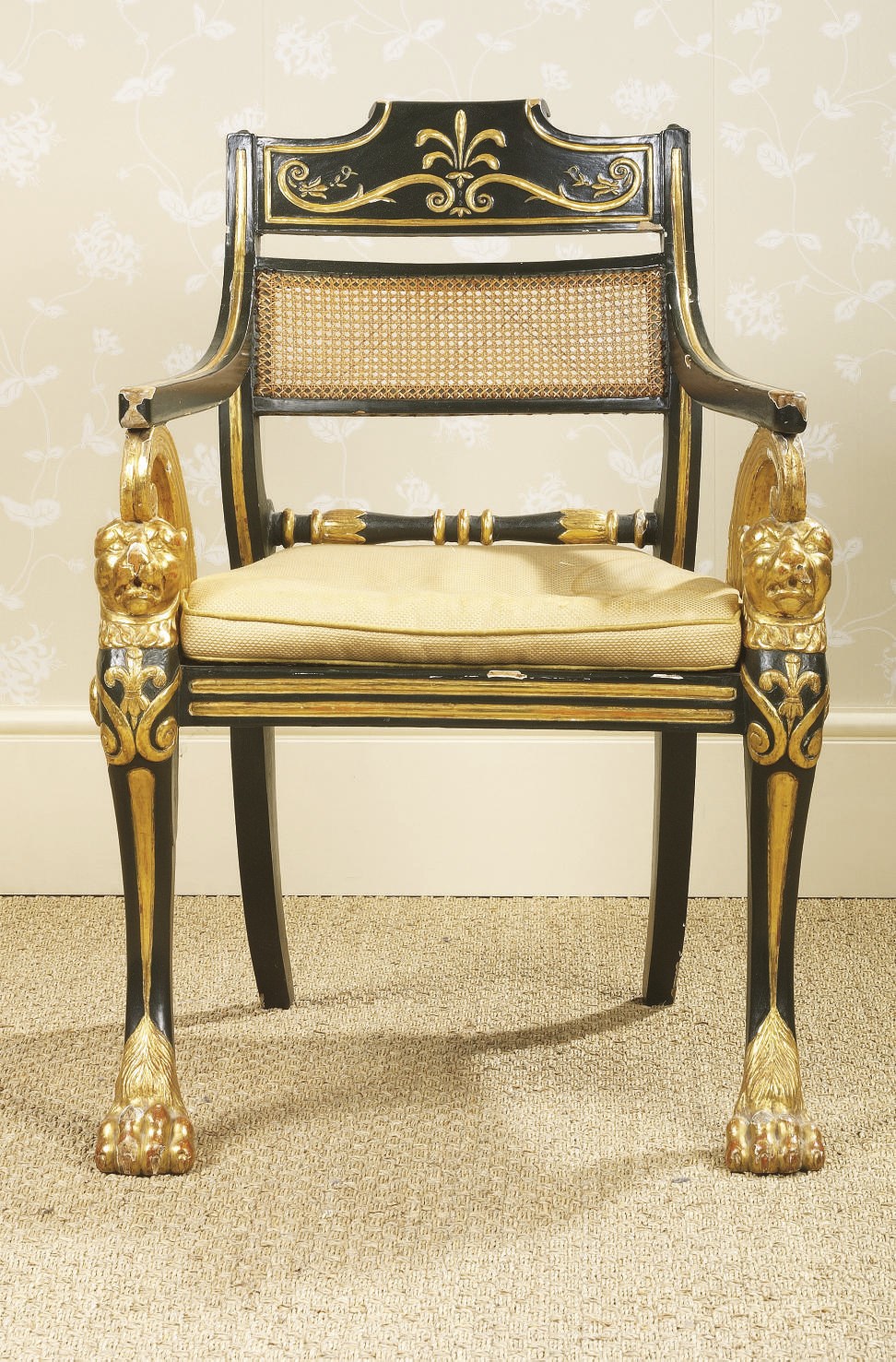 A REGENCY BRONZED AND PARCEL-GILT OPEN ARMCHAIR