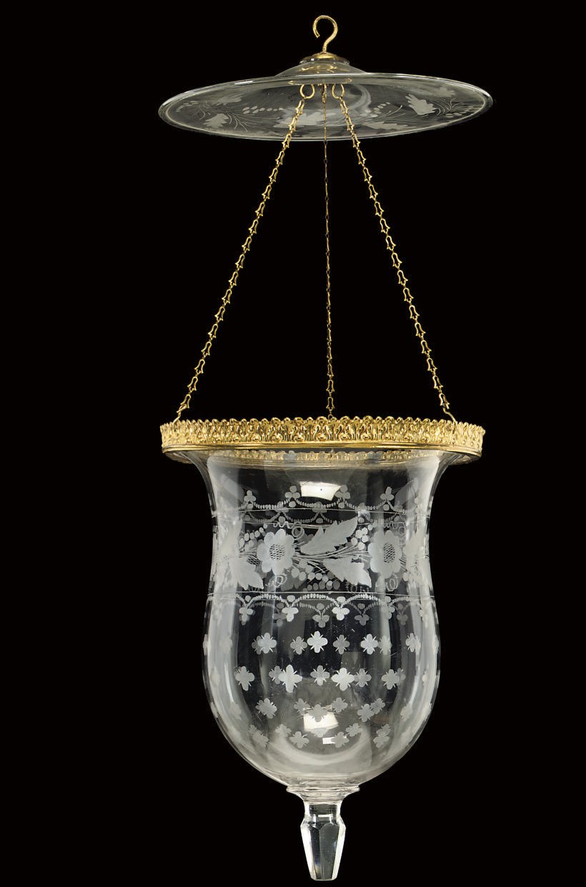 AN ORMOLU-MOUNTED ENGRAVED GLASS HURRICANE HALL LANTERN