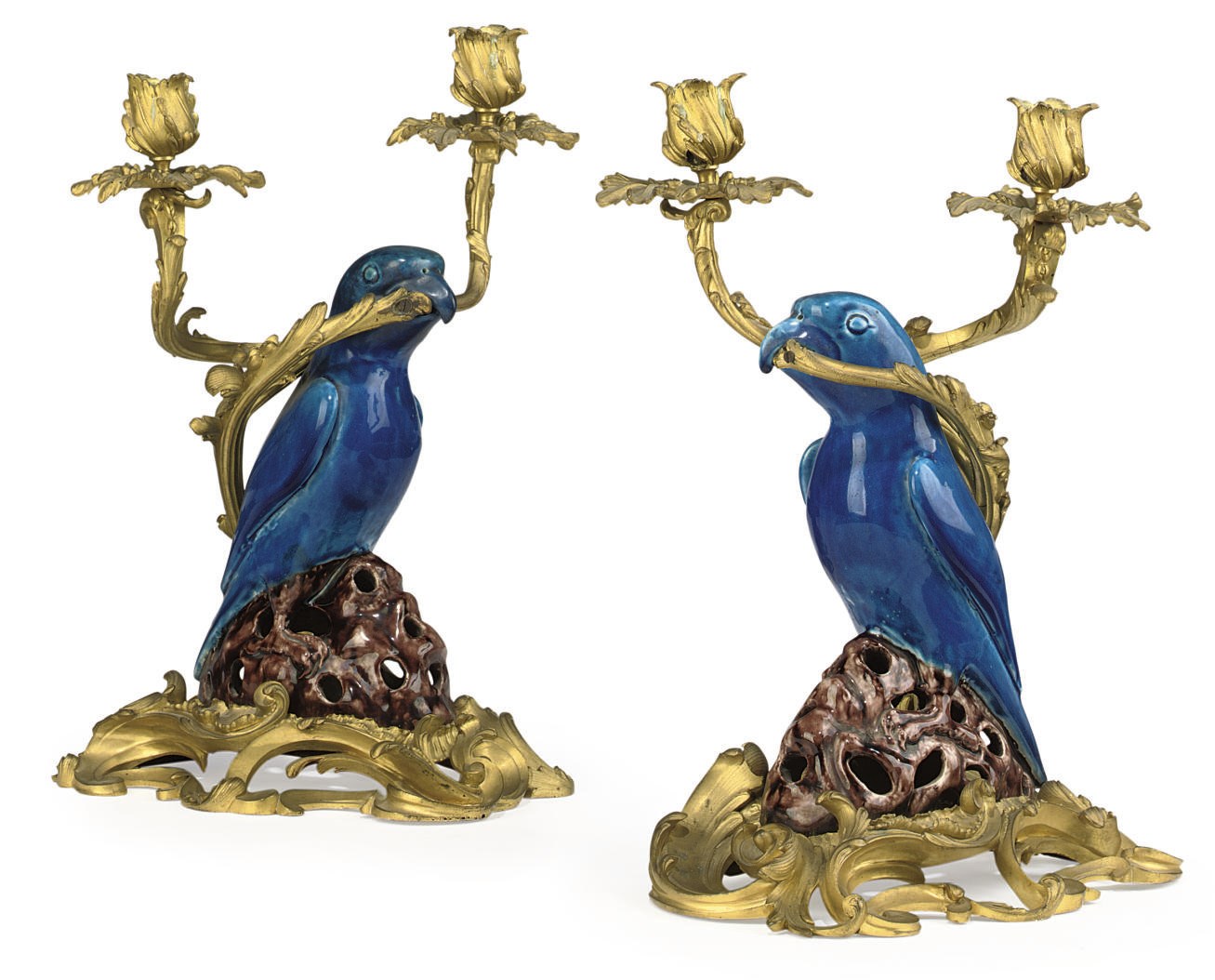 A PAIR OF ORMOLU-MOUNTED TURQUOISE AND AUBERGINE-GLAZED PORCELAIN TWO-LIGHT CANDELABRA
