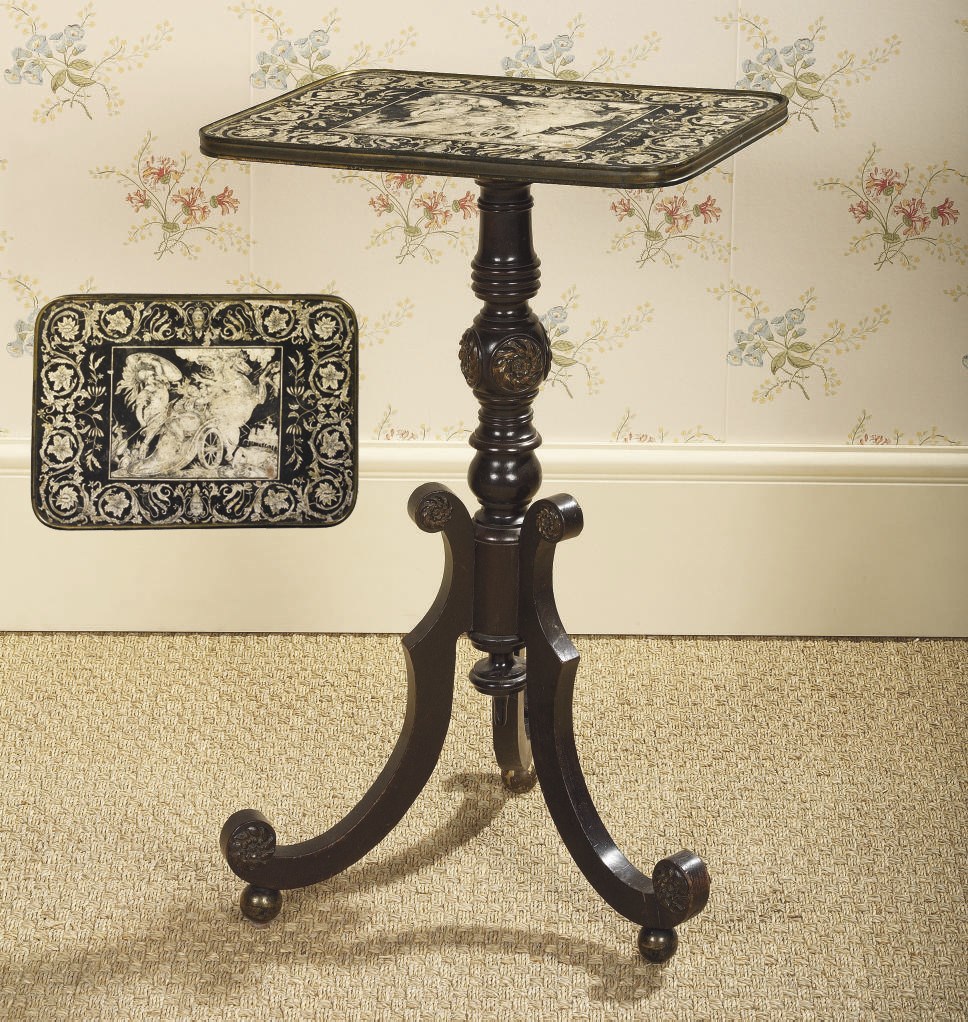 A REGENCY BRASS-MOUNTED, EBONISED AND PENWORK TRIPOD TABLE