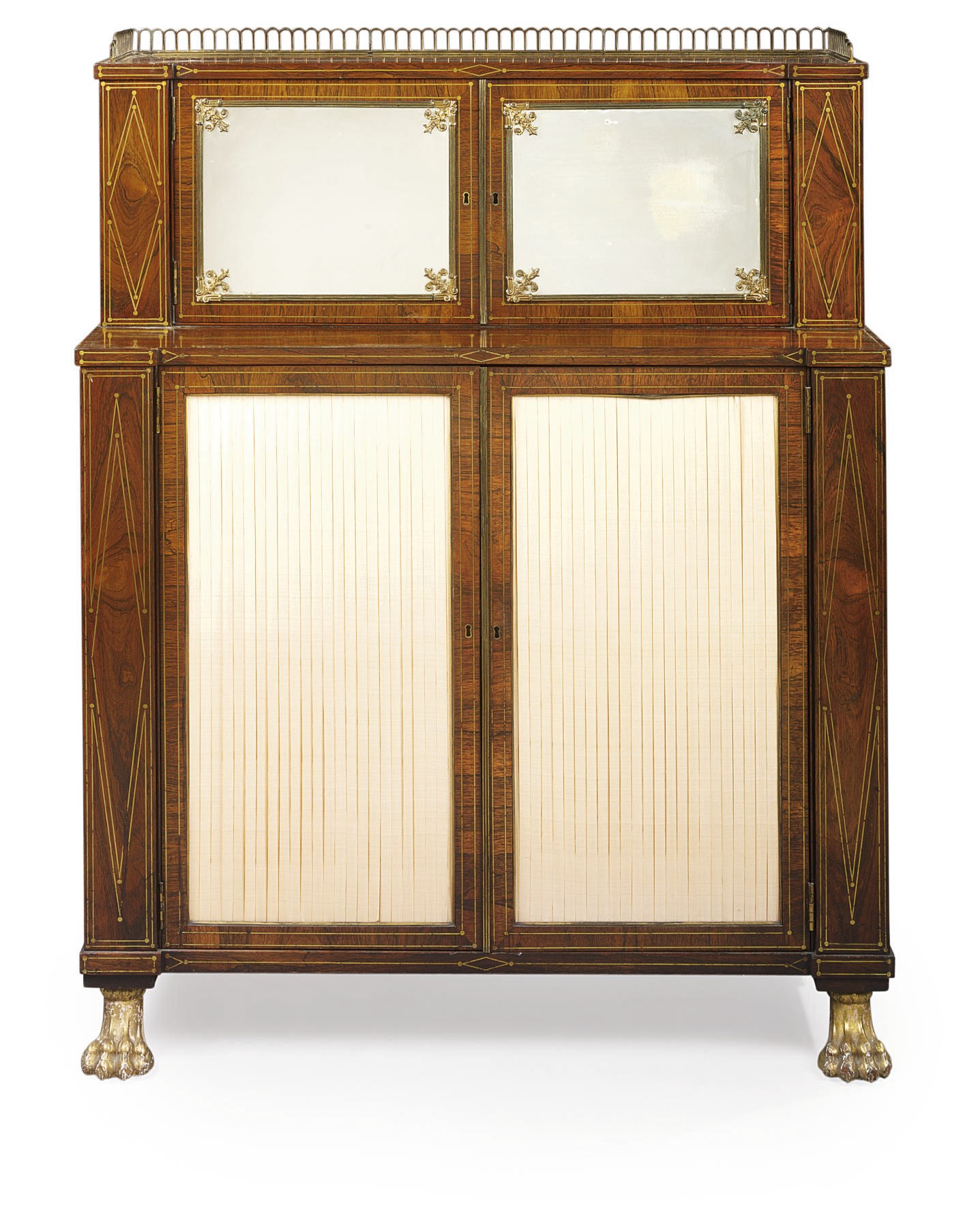 A REGENCY ORMOLU-MOUNTED, BRASS-INLAID AND PARCEL-GILT ROSEWOOD CHIFFONIER