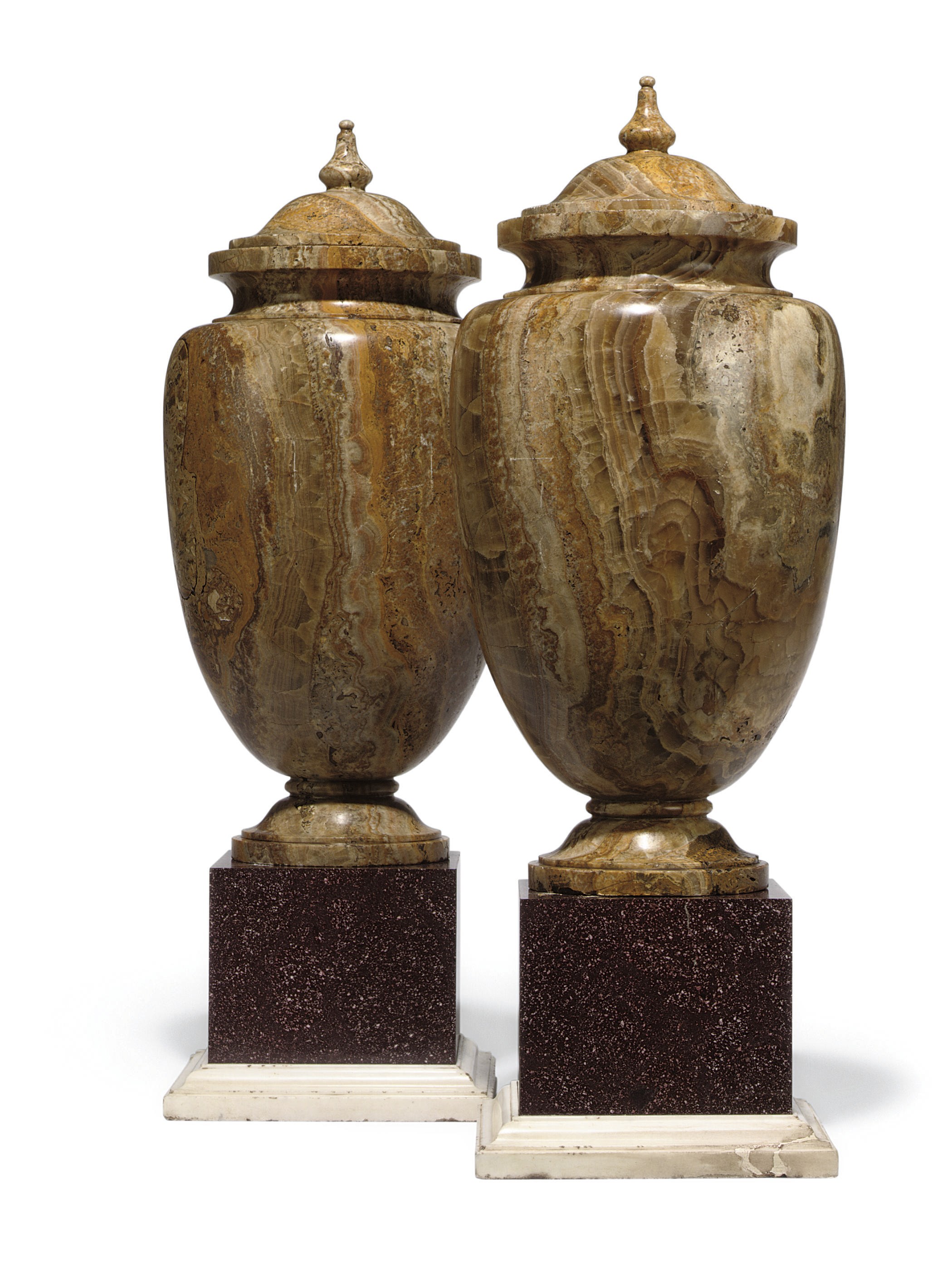 A PAIR OF ITALIAN ALABASTRO AFRICANO LIDDED URNS