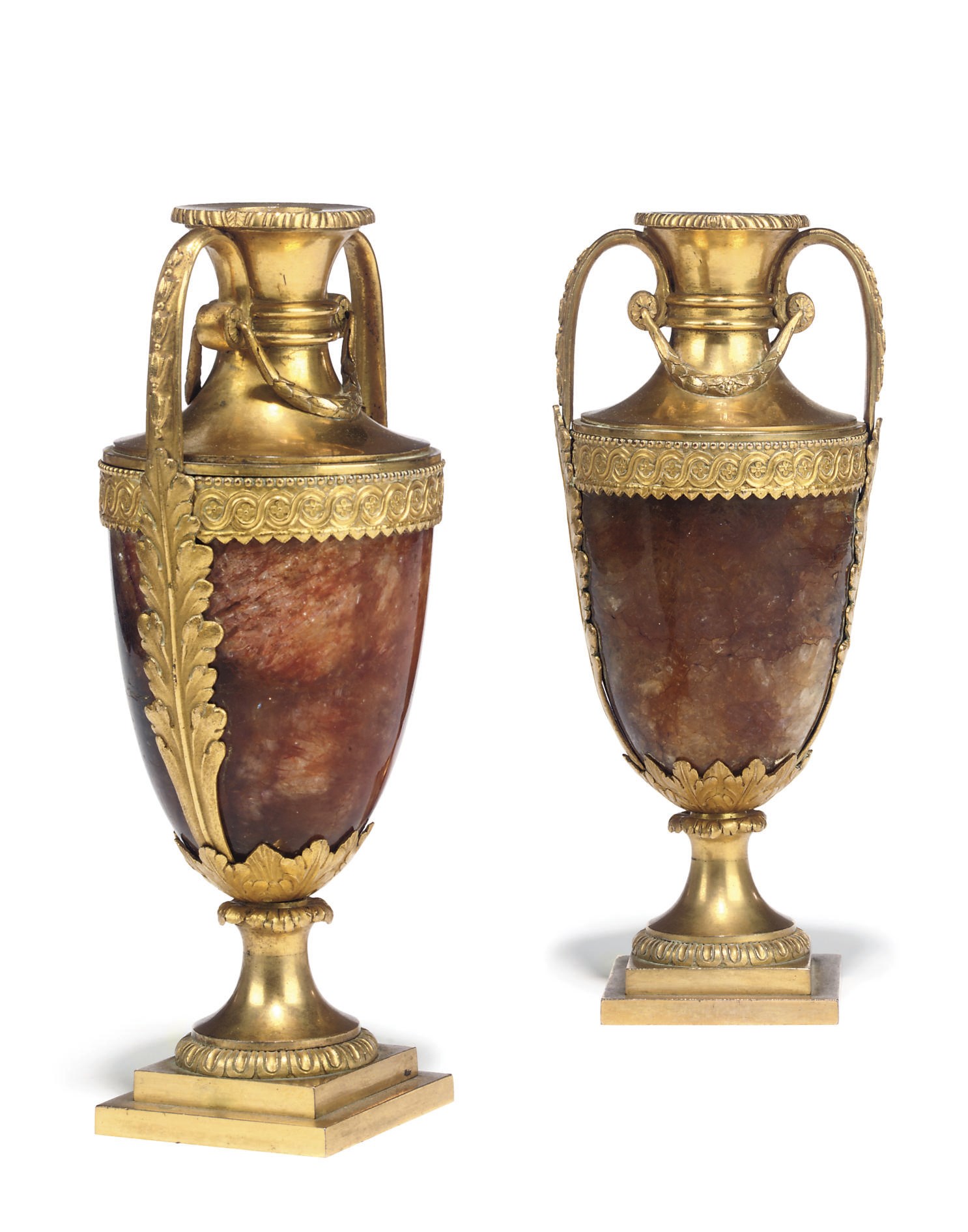 A PAIR OF GEORGE III ORMOLU AND BLUE-JOHN CANDLESTICKS