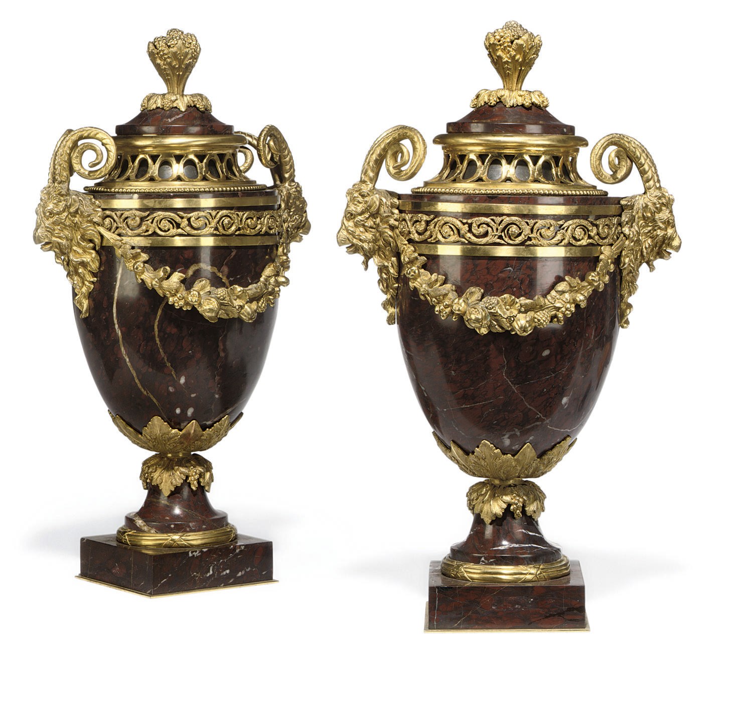 A PAIR OF FRENCH ORMOLU-MOUNTED RED CAMPAN GRIOTTE MARBLE URNS