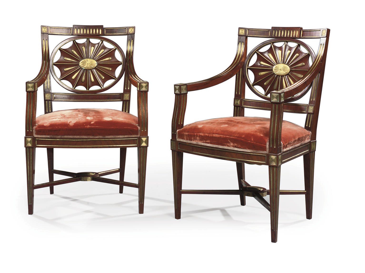 A PAIR OF RUSSIAN BRASS-MOUNTED MAHOGANY OPEN ARMCHAIRS