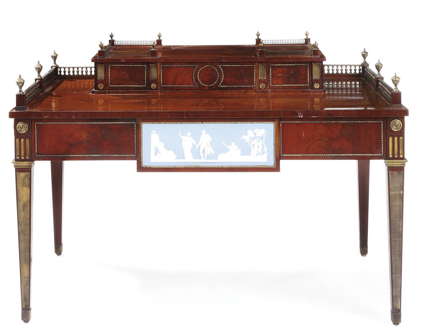 A RUSSIAN BRASS-MOUNTED AND JASPERWARE PORCELAIN-INSET MAHOGANY DESK