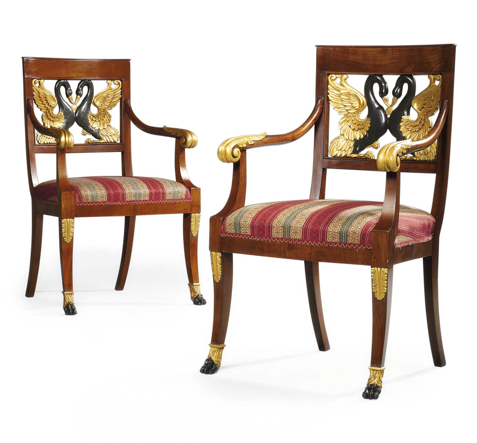 A PAIR OF RUSSIAN PARCEL-GILT AND BRONZED MAHOGANY OPEN ARMCHAIRS