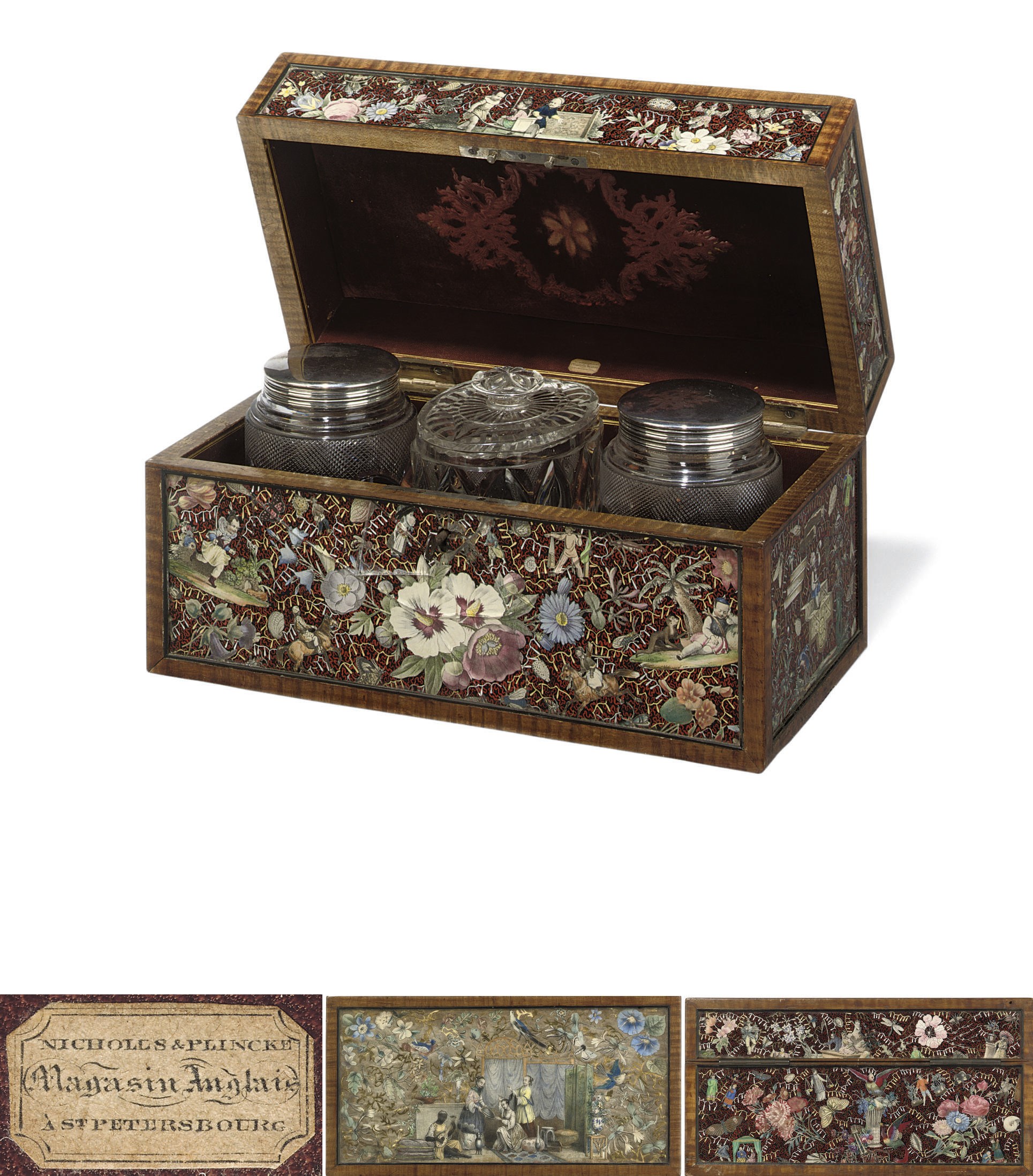 A DÉCOUPAGE AND VERRE ÉGLOMISÉ HAREWOOD AND EBONISED TEA-CADDY
