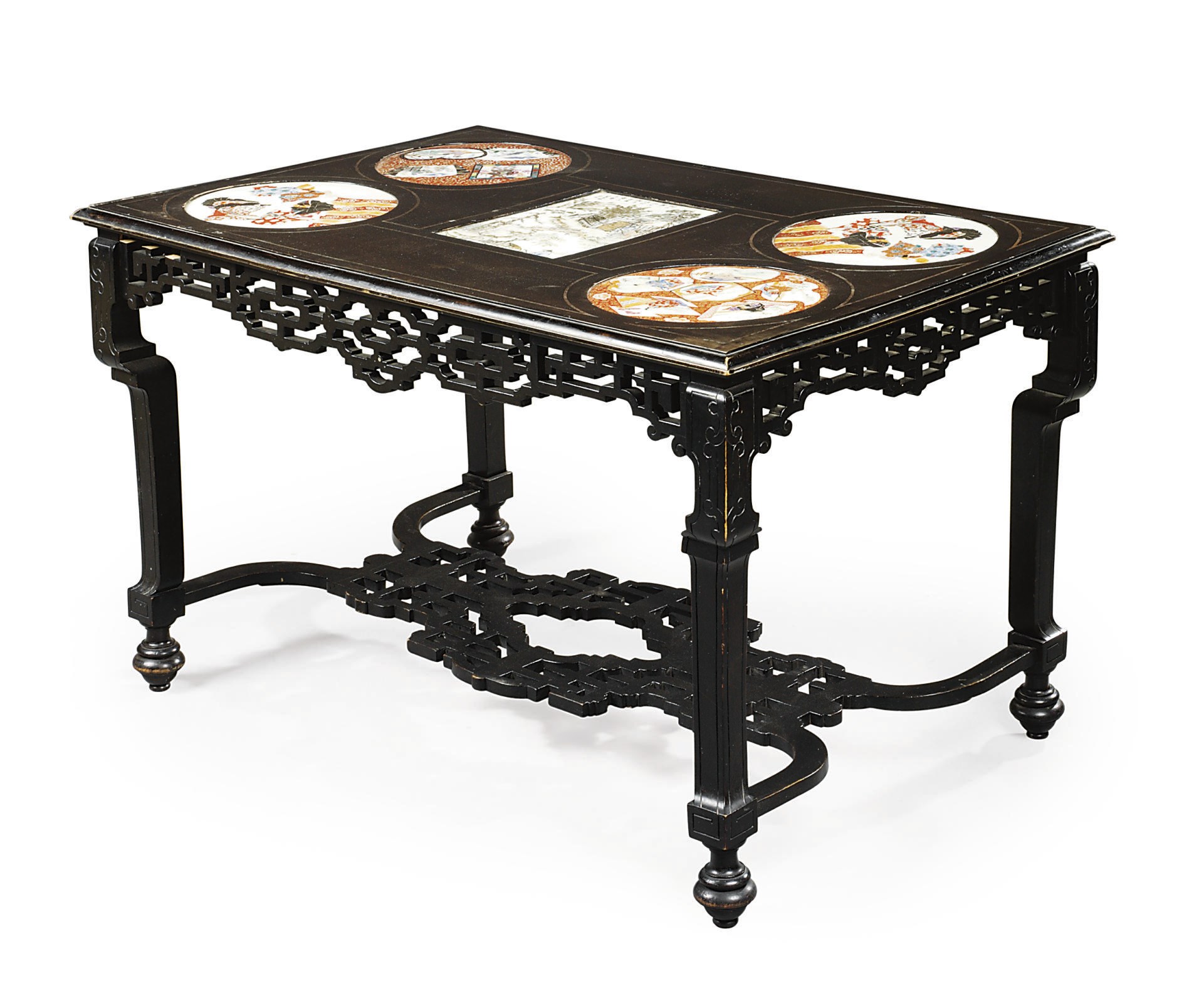 A CHINESE EBONISED AND PORCELAIN-MOUNTED CENTRE TABLE