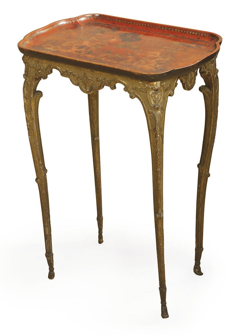 A FRENCH GILTWOOD AND RED-LACQUERED TRAY-TOP TABLE