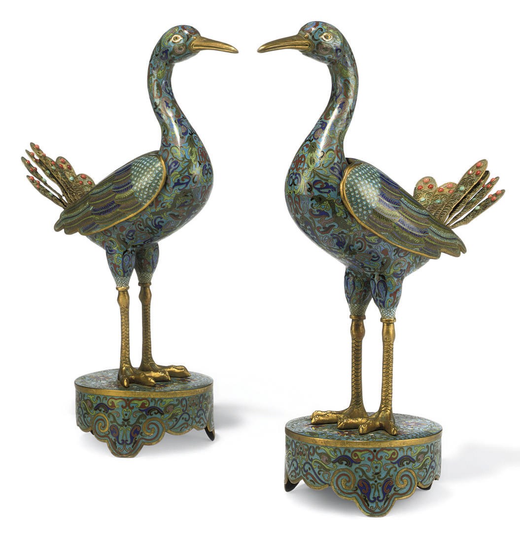 A PAIR OF CHINESE CLOISONNE MODELS OF PEACOCKS