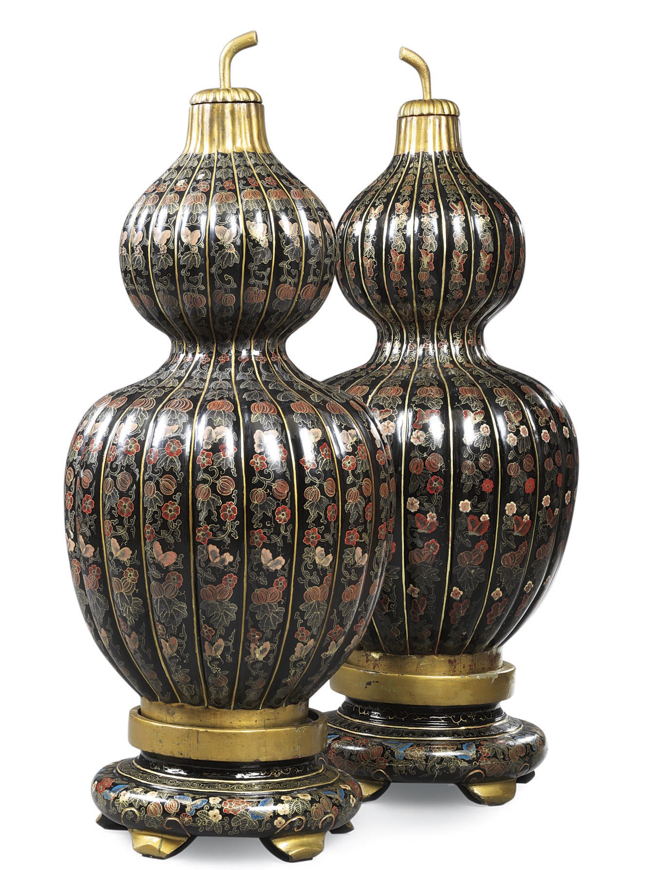 A PAIR OF LARGE CHINESE PARCEL-GILT AND POLYCHROME-DECORATED PAPIER MACHE DOUBLE-GOURD VASES WITH COVERS
