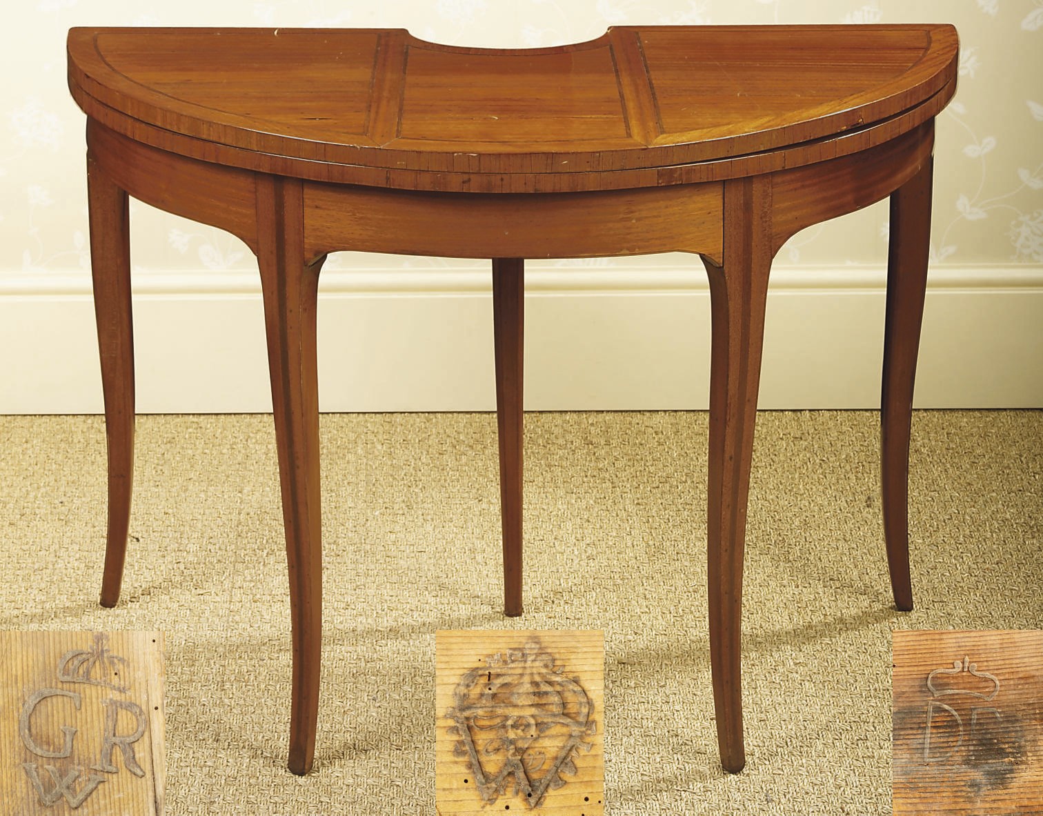 A LATE LOUIS XV BOIS SATINE AND AMARANTH DEMI-LUNE GAMES-TABLE