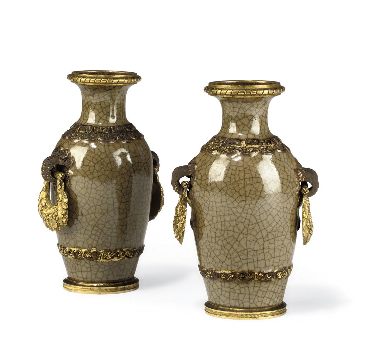 A PAIR OF FRENCH ORMOLU-MOUNTED, PARCEL-GILT CHINESE CELADON VASES