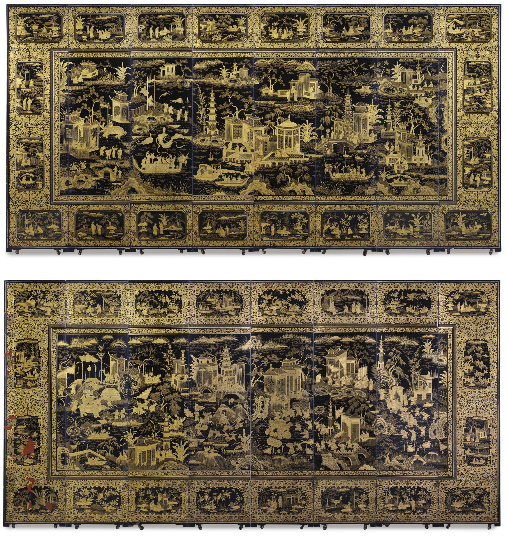 A CHINESE PARCEL-GILT, BLACK AND POLYCHROME-DECORATED EIGHT-LEAF SCREEN