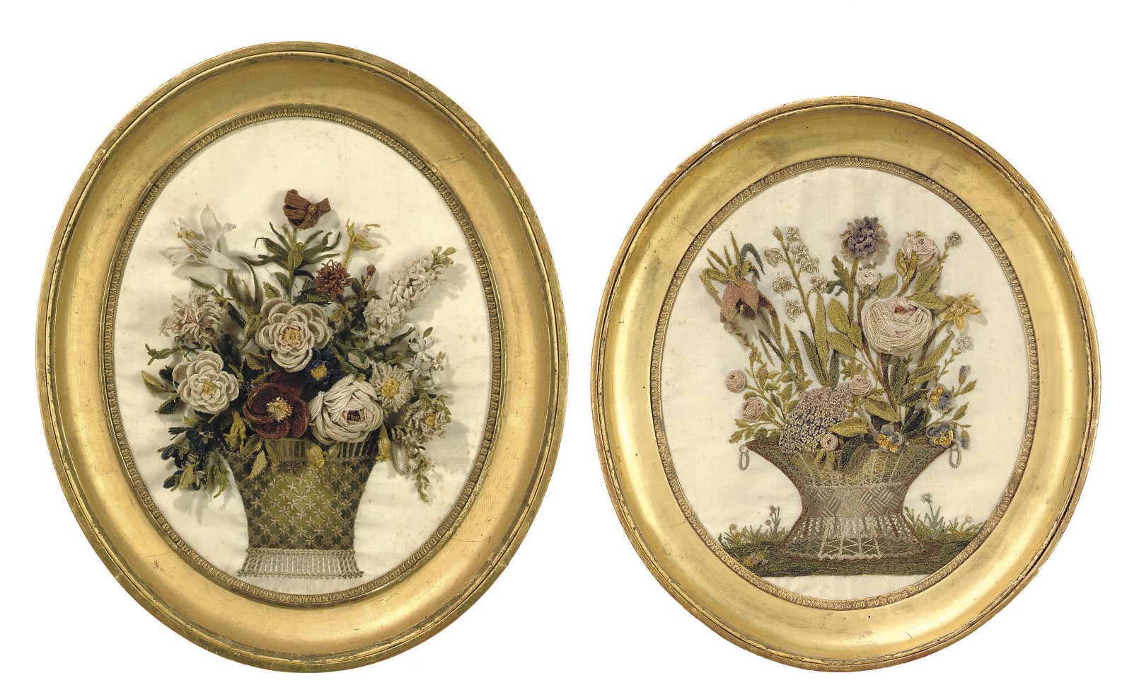 TWO REGENCY OVAL SILK-WORK EMBROIDERY PICTURES