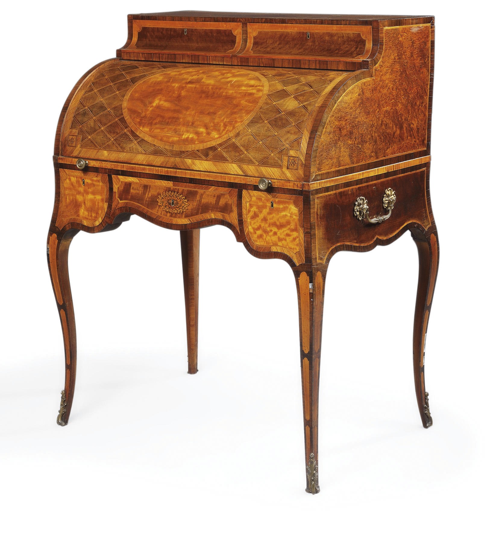 A GEORGE III SATINWOOD, MAHOGANY, YEW WOOD AND PARQUETRY CYLINDER BUREAU