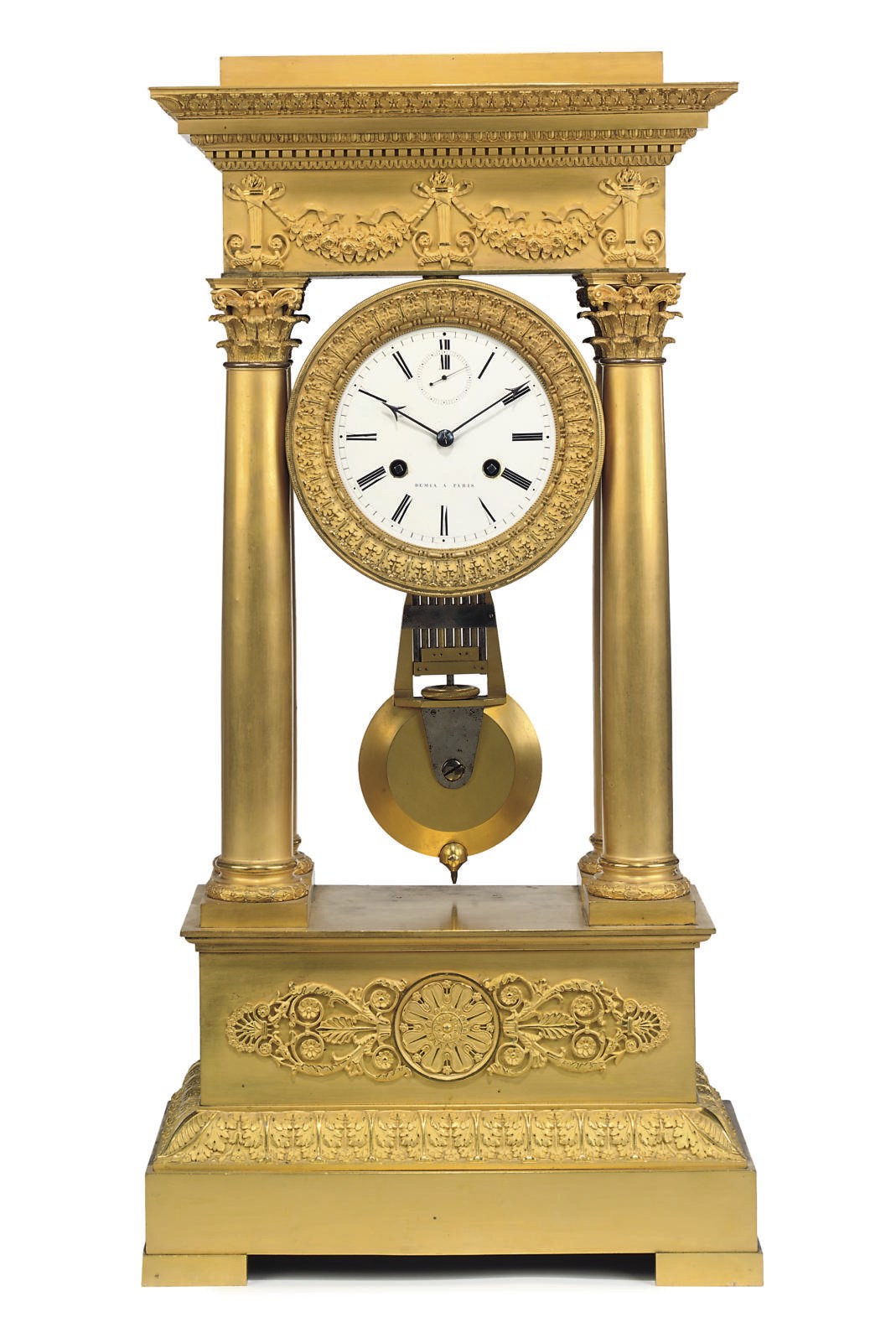 A RESTAURATION ORMOLU PORTICO MANTEL CLOCK